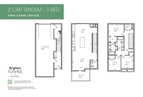 Floor plan for 3 beds, 2.5 baths, 1555 sqft